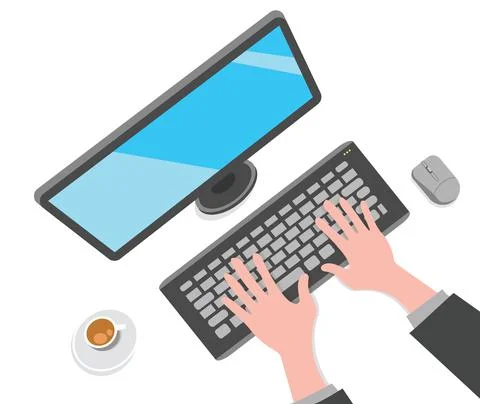 Illustration Working Typing On Computer Desktop Mouse Keyboard Coffee Office Stock Illustration