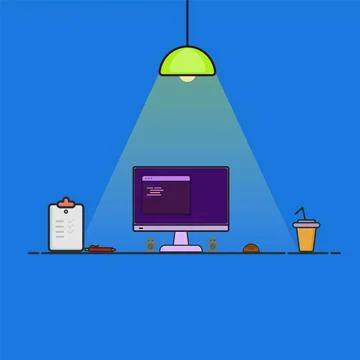 Illustration of workspace with computer and drinks and lights on vector desig Stock Illustration