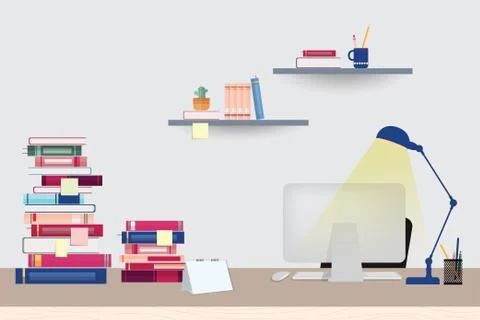 Illustration workspace with computer, books and stationery on the table Stock Illustration