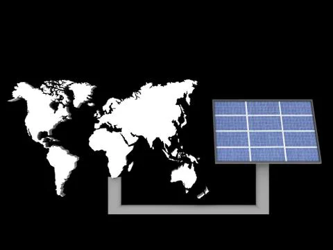 Illustration of a world map connected to a solar panel Stock Illustration