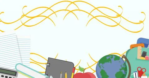 Illustration of yellow abstract pattern with school supplies against white Stockillustratie