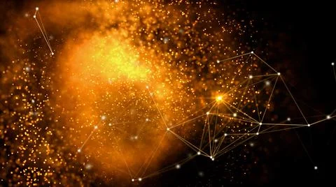 Illustration of yellow light cluster with connected nodes on black background Illustrazione stock