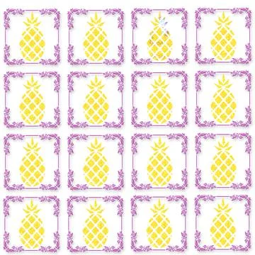 An illustration of yellow pineapple patterns with purple frames on a white ba 스톡 일러스트