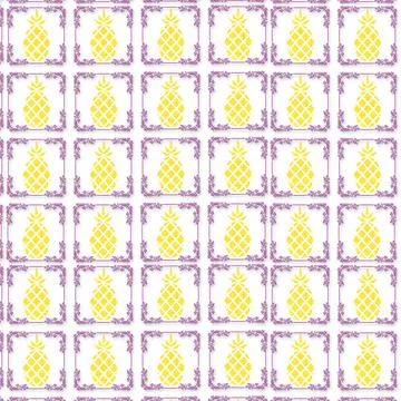 An illustration of yellow pineapple patterns with purple frames on a white ba 스톡 일러스트
