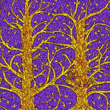 Illustration of yellow trees with leafless branches on a purple background Illustrazione stock