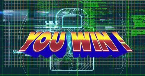 Illustration of you win text over padlock and programming language on grid Illustrazione stock