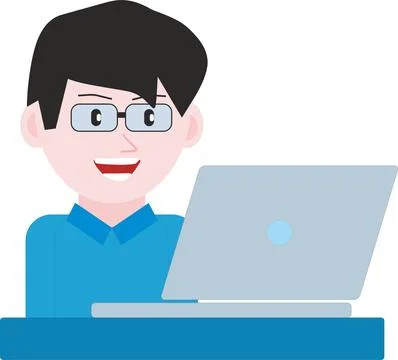 Illustration of a young man with glasses while working or studying on a lap.. Stock Illustration