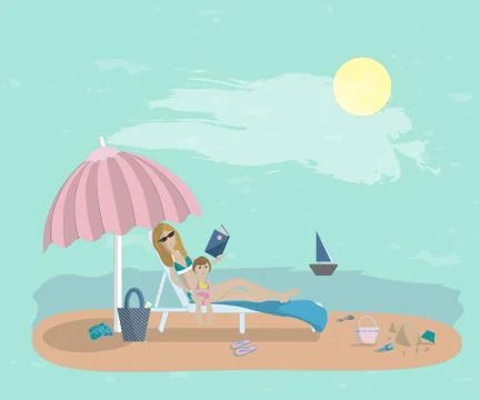 Illustration of young mother with her baby on the beach. summer backgr Stock Illustration