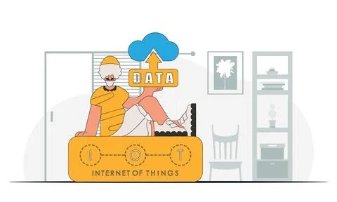 IllustrationA man displaying a cloud storage device, in a modern character st 스톡 일러스트