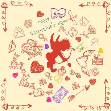 Illustrations in the 1 style of childrens Doodle on Valentines day, love, wed Stock Illustration