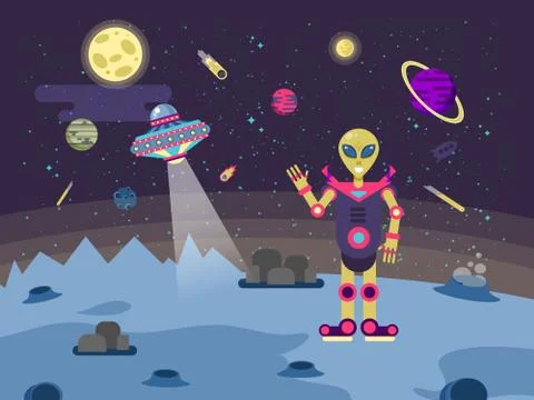 Illustrations alien on the moon surface  a background of outer space in  flat Stock Illustration
