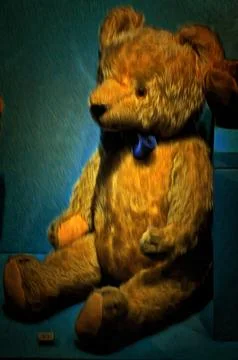 Illustrations: antique, teddy ,bear ,with worn fur ,blue bow; vintage toy; color Stock Illustration