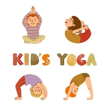 Illustrations of children doing yoga different yoga poses Stock Illustration