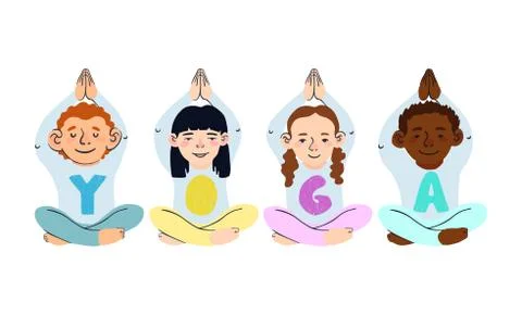 Illustrations of children doing yoga different yoga poses Stock Illustration