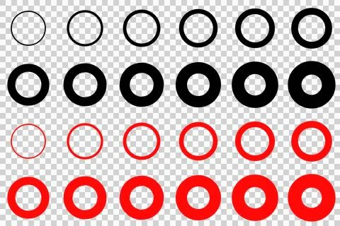 Illustrations of circles with varying line thicknesses (black and red) Stock Illustration