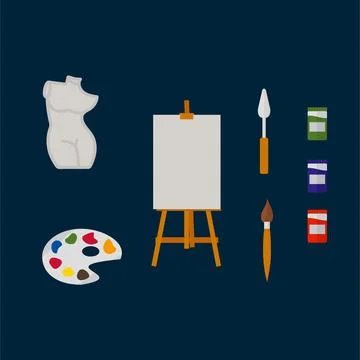 Illustrations of drawing tools. Set for artists, watercolor, brushes, easel. Art Stock Illustration