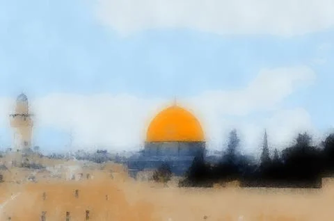 Illustrations, El-Aqsa, Temple Mount, Golden Dome, painting, Old Jerusalem,  Stock Illustration