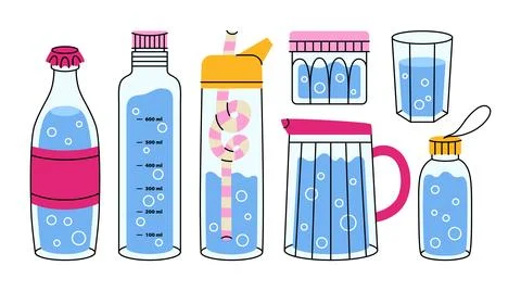 Illustrations of glass and plastic containers with lids filled with liquid. 库存插图