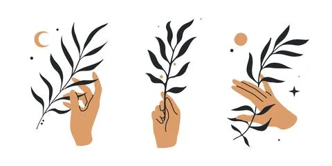 Illustrations of hands with branches and astronomical elements Stock Illustration