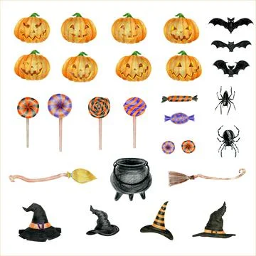 Illustrations of isolated elements for Hallween : pumpkin, bat, pot, candy Stockillustratie