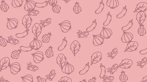 Illustrations of onions, eggplants, and leafy greens on a pink background Stock Footage 319418007
