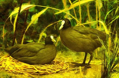 Illustrations, pair of coots, Eurasian coot, nest, waterfowl, birds, fauna,  Stock Illustration