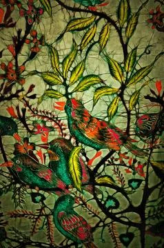 Illustrations, panels, batik technique, of the Tree of Life, decorated  Stock Illustration