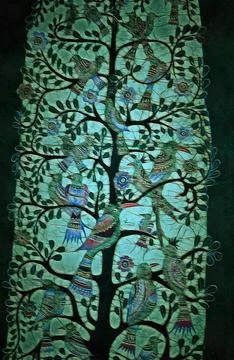 Illustrations, panels, batik technique, of the Tree of Life, decorated  Stock Illustration