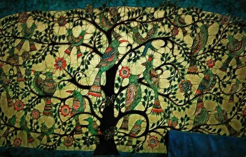 Illustrations, panels, batik technique, of the Tree of Life, decorated  Stock Illustration