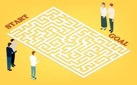 Illustrations of people trying to solve a three-dimensional maze, isometric Illustrazione stock