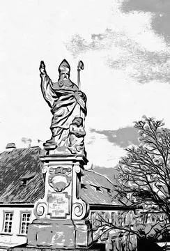 Illustrations Prague, Statue of St. Augustine on Charles Bridge 스톡 일러스트