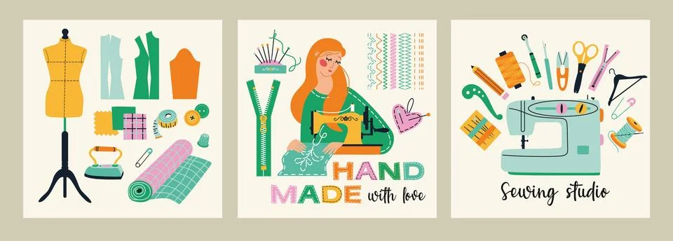 Illustrations set banners of sewing tools icons tailor hand made workshop Stock Illustration