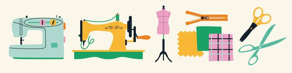 Illustrations set banners of sewing tools icons tailor hand made workshop Stock Illustration