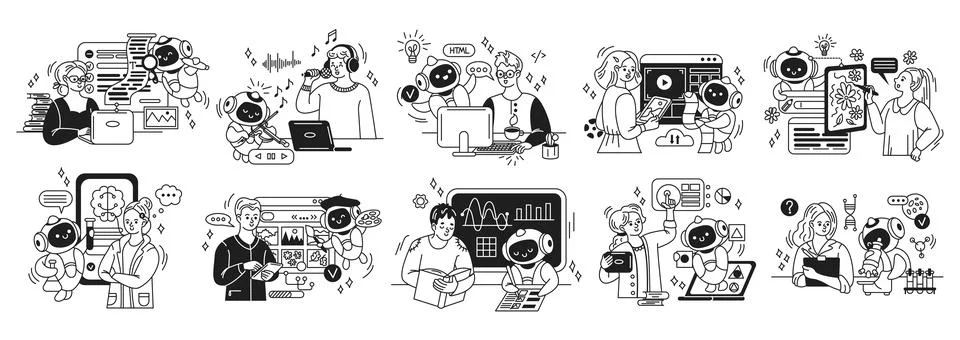 Illustrations of Technology and Human Interaction Stock Illustration