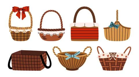 Illustrations of wicker baskets with handles of different shapes. Stock Illustration
