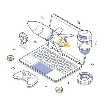 Illustrative design of online gaming elements with rocket and controller in.. Stockillustratie