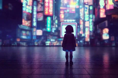 Illustrative drawing of a little girl Tokyo town Stock Illustration