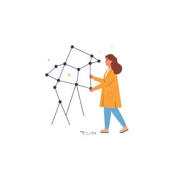 Illustrative exploration of celestial constellations a curious woman connec.. Illustrazione stock