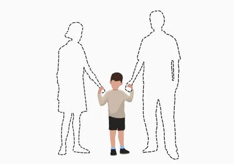 Illustrative image of boy holding hands of missing parents over white background Stock Illustration