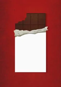 Illustrative image of chocolate bar with missing bite against red background Stock Illustration
