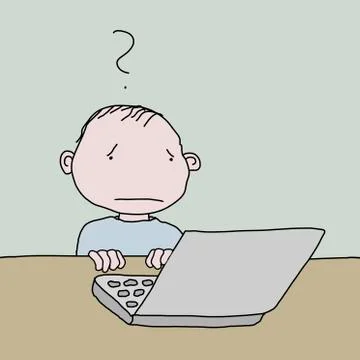 Illustrative image of confused boy using laptop at table 스톡 일러스트