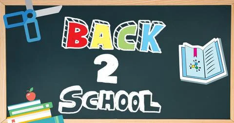 Illustrative image of writing slate with back 2 school text, books, apple and Stock Illustration