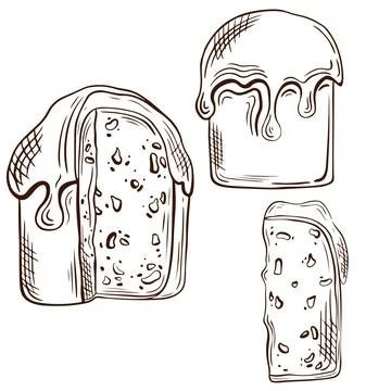 An illustrative line drawing of three different Easter cakes with detailed .. Stock Illustration