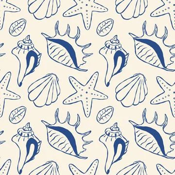 Illustrative pattern with conch shells, scallops, and starfish Stock Illustration