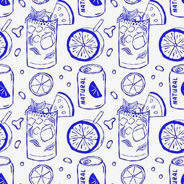 Illustrative seamless pattern featuring glasses, cans Illustrazione stock
