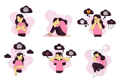 Illustraton of depression issue. Set of young girl have mental problems. Conc Stock Illustration