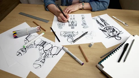 The illustrator draws sketches of robot computer game characters.  Stock Footage