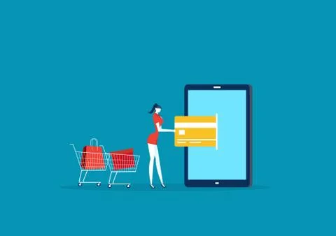 Illustrator lady shopping with pay creadit card via mobile vector. Stock Illustration