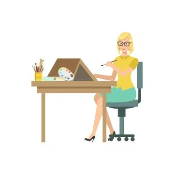 Illustrator With Paint Brush, Creative Person Illustration Illustrazione stock