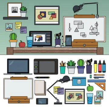 Illustrator working cabinet with artistic tools Stock Illustration